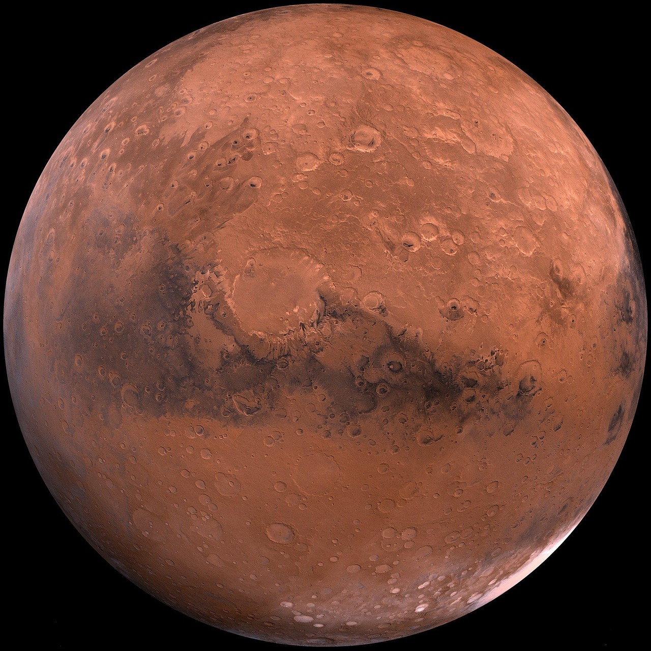 Mars, gezien vanuit de ruimte; illustratief beeld van de bestemming, niet van de MMX-lancering.